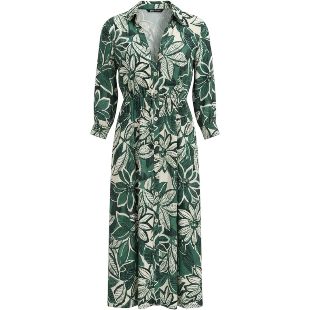 Zara Green Tropical Floral Midi Shirt Dress XS Elastic Waist Belted Boho